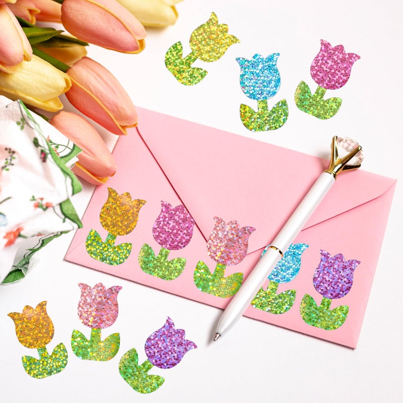 Whaline Spring Tulip Stickers Roll Laser Colorful Flower Shape Seal Stickers Floral Waterproof Self-Adhesive Decals for Envelope Journal Decor Birthday Holiday, 500 Pcs - Image 5